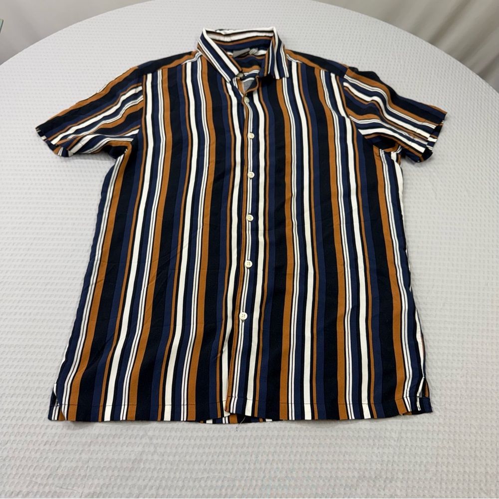 ASOS Short Sleeve Striped Button-Down Shirt - Navy, Brown & White